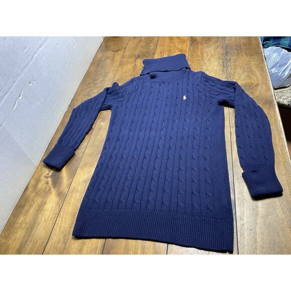 Ralph Lauren Sport Turtleneck Cable Knit Sweater Dress Cotton Navy Medium - Picture 2 of 11